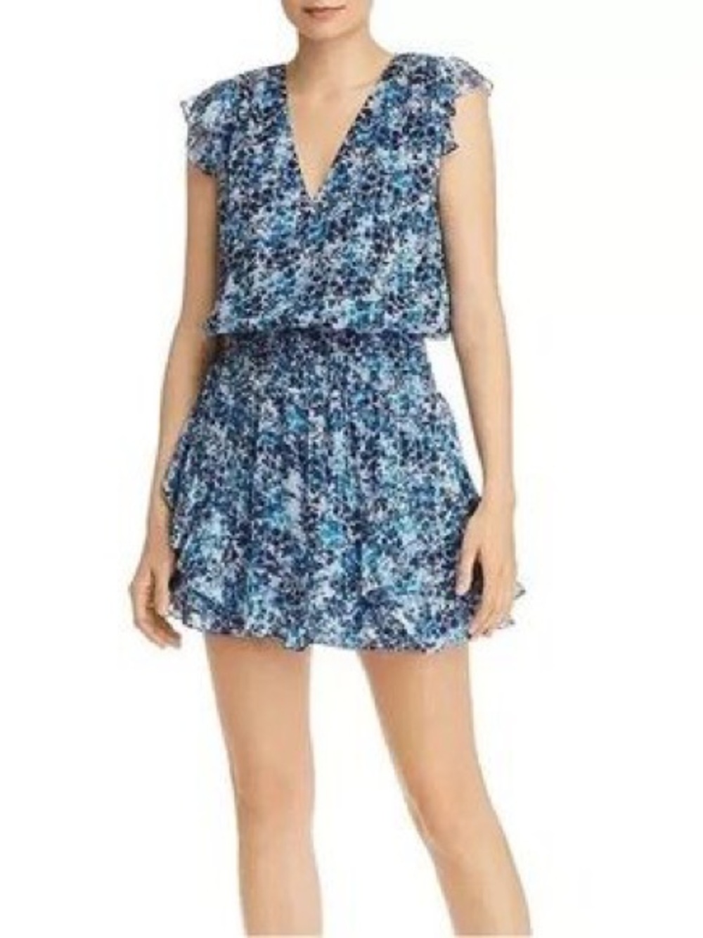 Ramy Brook Simone Floral-Print Silk Mini Dress, Blue/Metallic Large